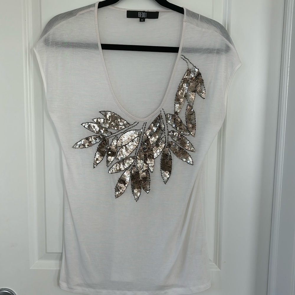 Bedo White Sequined Floral Tee